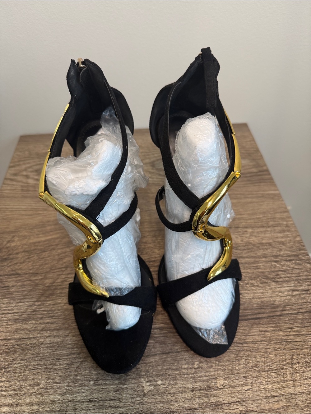 Black Suede High Heel Sandals with Gold Accent